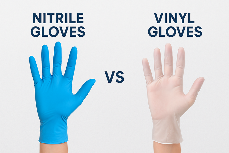 This image displays a side-by-side comparison of nitrile gloves and vinyl gloves. On the left, nitrile gloves are shown with labels highlighting their high durability, chemical resistance, and snug fit.