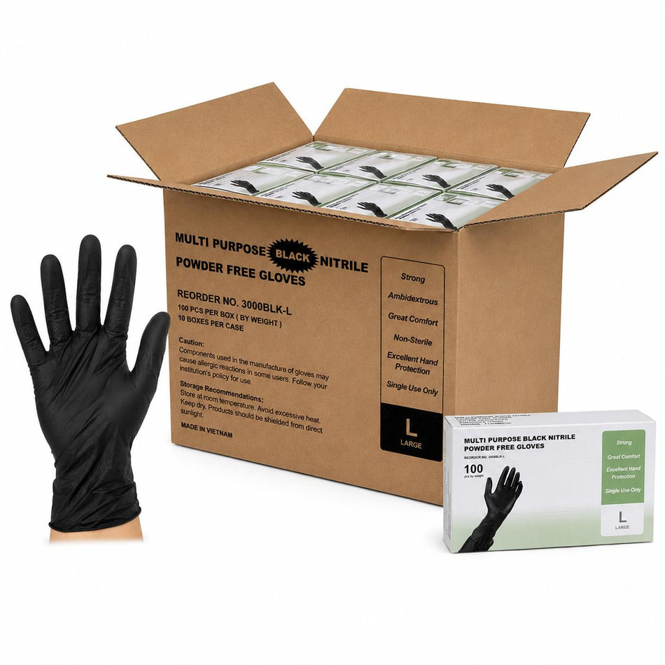 Multi Purpose Black Nitrile Powder Free Gloves - 4 Mil - Case of 1,000