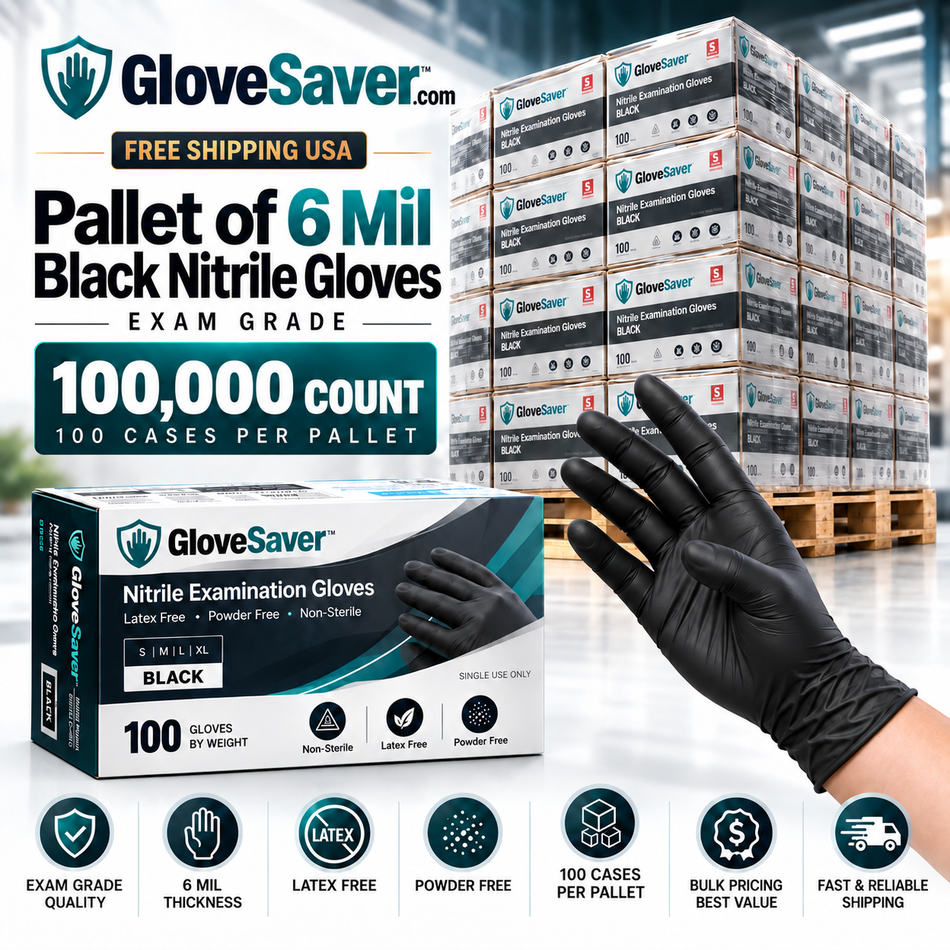 1 Pallet of 6 Mil Black Nitrile Gloves - Exam Grade (100,000 Count) GloveSaver.com