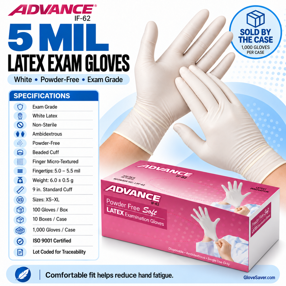 5 Mil Latex Gloves, Powder Free, Exam Grade, 1000 Per Case