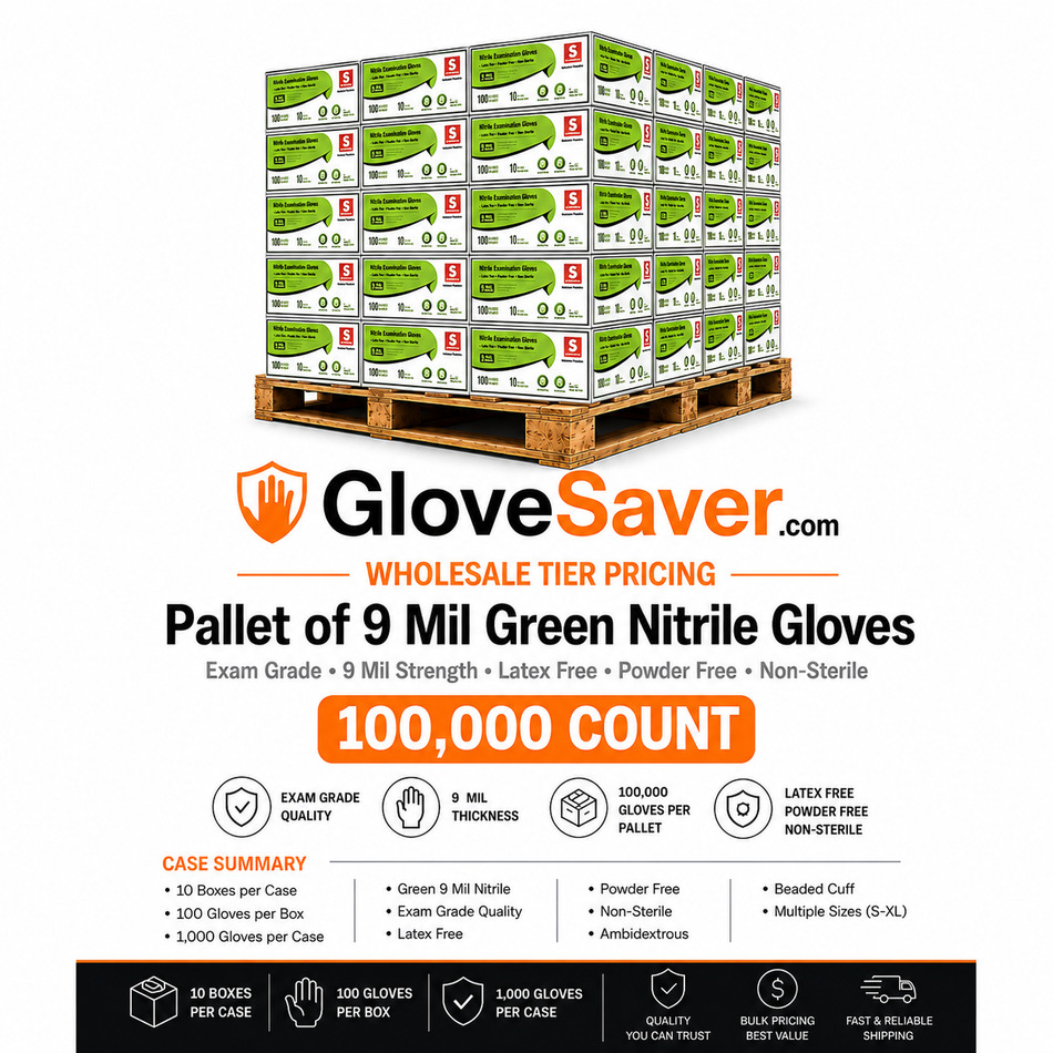 (1 Pallet) 9 Mil, Green Nitrile Gloves - Exam Grade (100,000 Gloves Total) GloveSaver.com