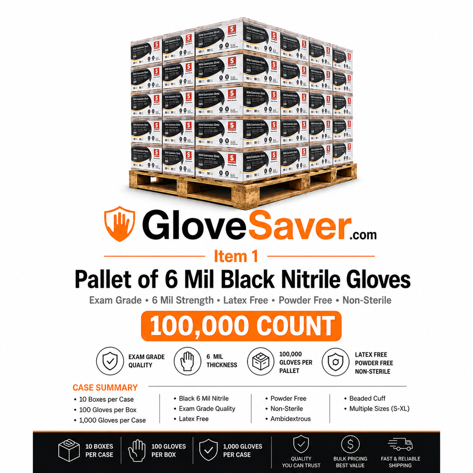 1 Pallet of 6 Mil Black Nitrile Gloves - Exam Grade (100,000 Count) GloveSaver.com