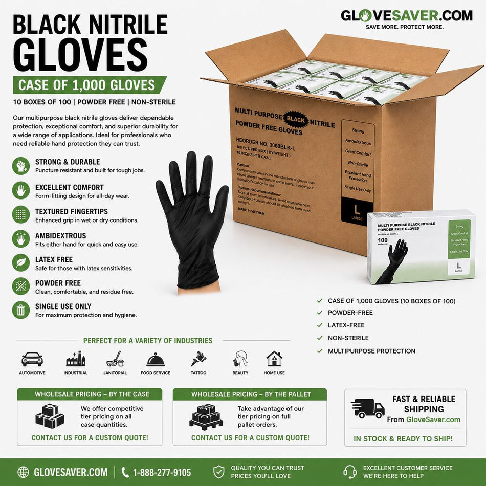 Multi Purpose Black Nitrile Powder Free Gloves - 4 Mil - Case of 1,000