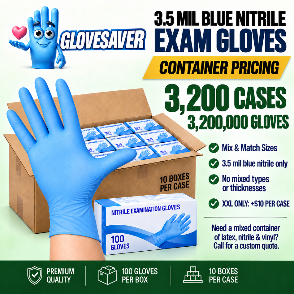 Container of 3.5 Mil Blue Nitrile Gloves - Exam Grade (3,200,000 Count)
