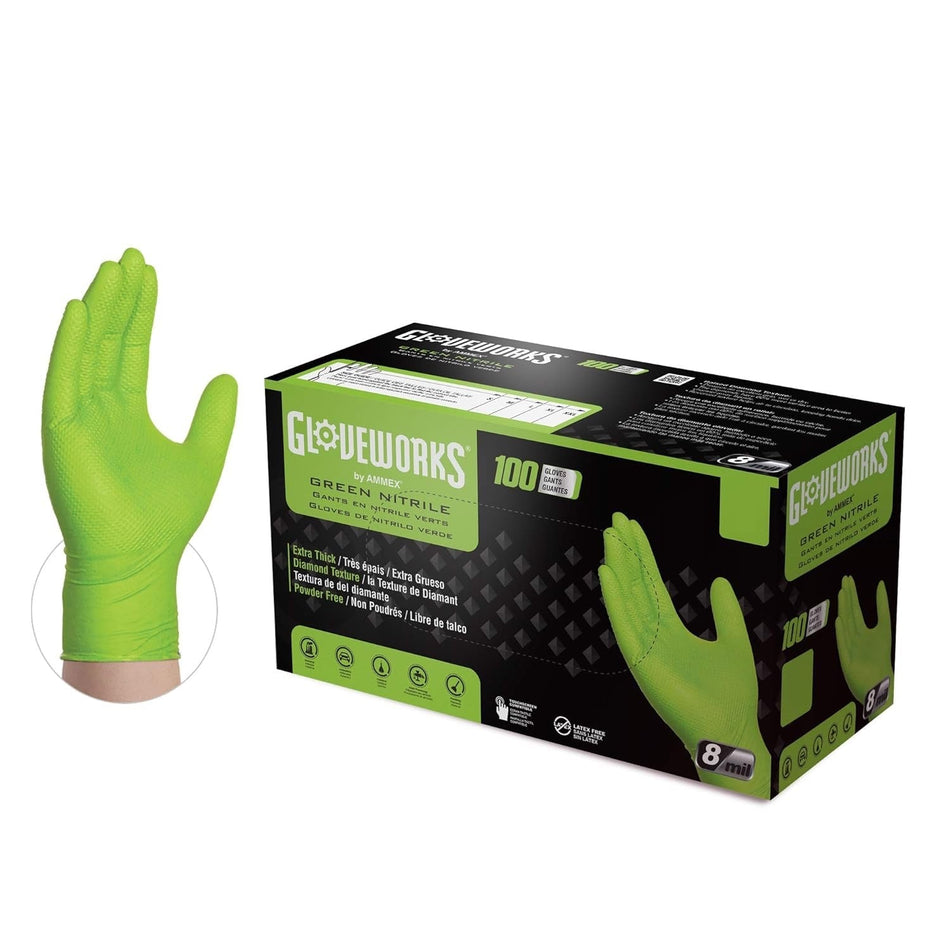 GloveWorks 8X Green Nitrile Exam Gloves, 8 Mil Strength - GloveSaver.com