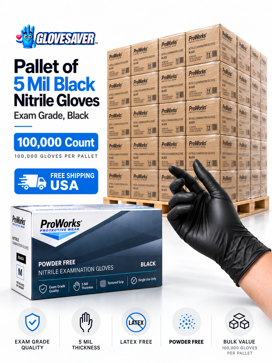 1 Pallet of 5 Mil Nitrile Gloves, Exam Grade, Black (100,000 Count) GloveSaver.com